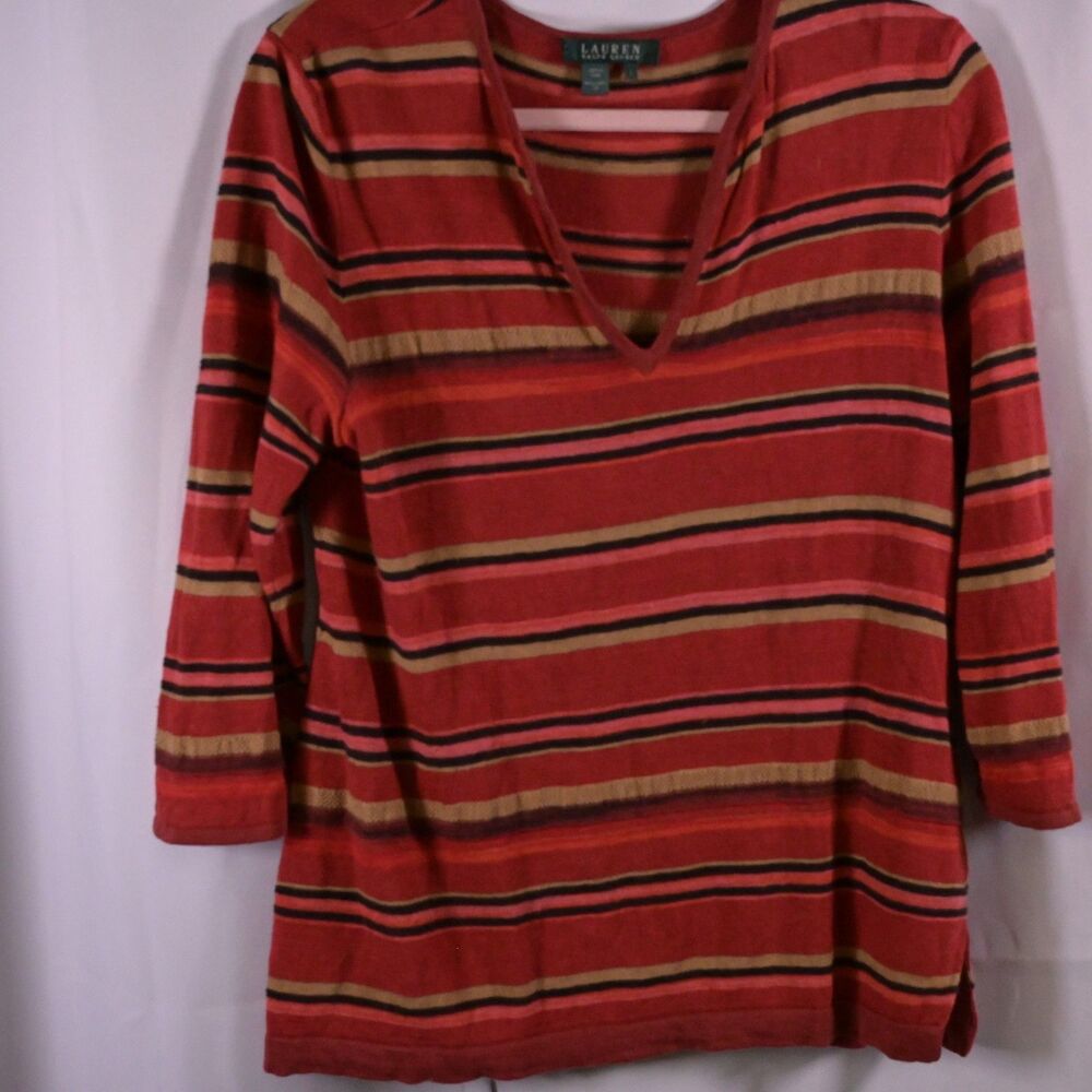 Lauren Ralph Lauren Striped Linen 3/4 sSleeve Pullover Sweater Women's Large